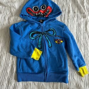 Blue Kids Hooded Zip Sweatshirt with Monster Face and Yellow Cuffs